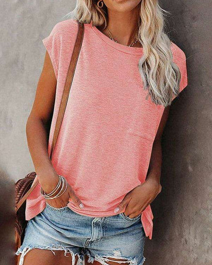 Stylish Off-Shoulder Pocket Tee: Trendy Solid Color Round Neck Shirt