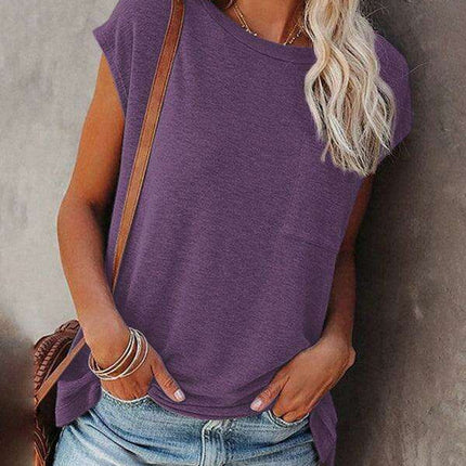 Stylish Off-Shoulder Pocket Tee: Trendy Solid Color Round Neck Shirt