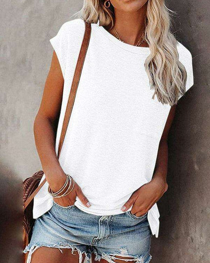 Stylish Off-Shoulder Pocket Tee: Trendy Solid Color Round Neck Shirt