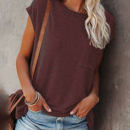 Stylish Off-Shoulder Pocket Tee: Trendy Solid Color Round Neck Shirt