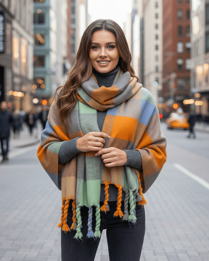 Cozy Colorful Plaid Shawl with Elegant Tassels