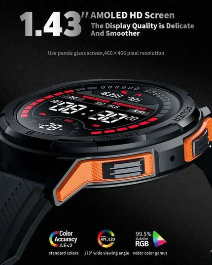 Men's Military-Grade Tactical Smartwatch - 1.43" AMOLED Touchscreen, Waterproof Design, Bluetooth Calling, 100+ Fitness Modes, Extended Battery Life