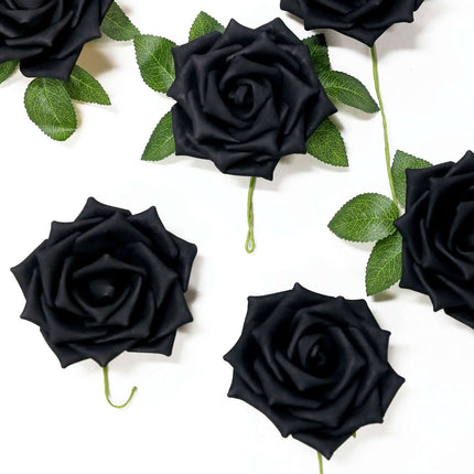 AliKopy 24 Black Foam Roses - 5" with Stem Wire & Realistic Leaves