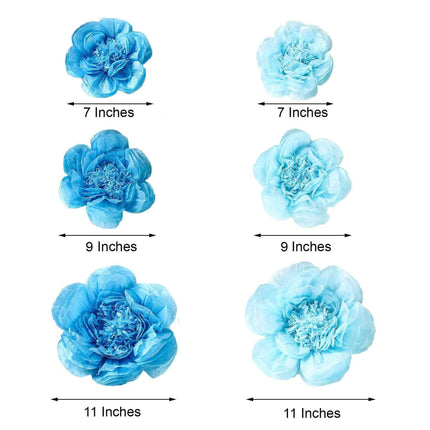 AliKopy Set of 6 3D Periwinkle Turquoise Peony Paper Flowers - 7", 9",