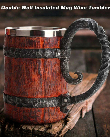 Artisan Crafted Wood Grain Resin Beer Mug with Stainless Steel Liner - 500ml Capacity