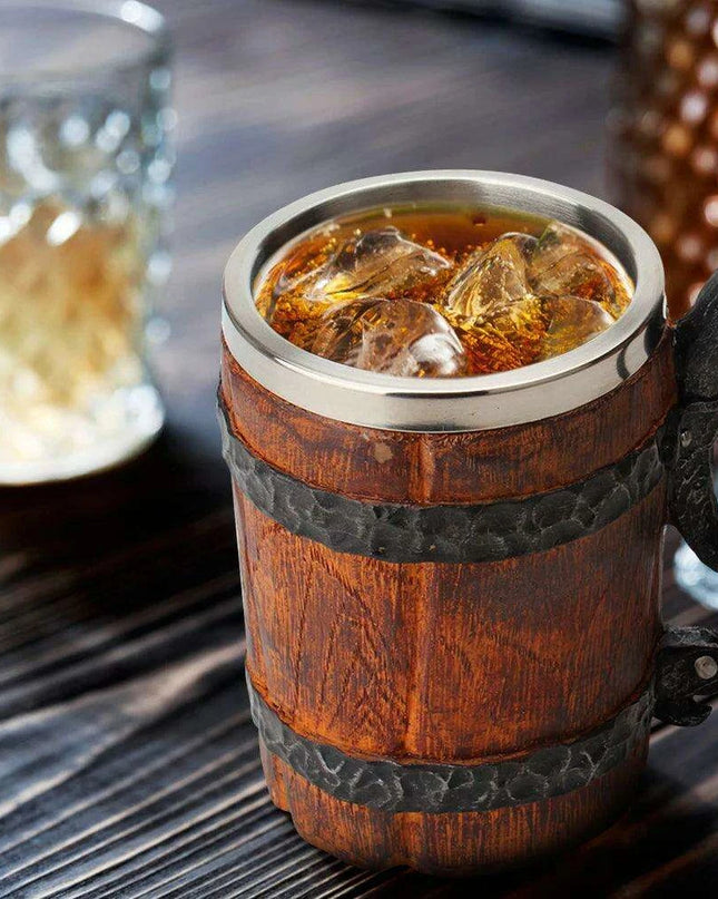 Artisan Crafted Wood Grain Resin Beer Mug with Stainless Steel Liner - 500ml Capacity