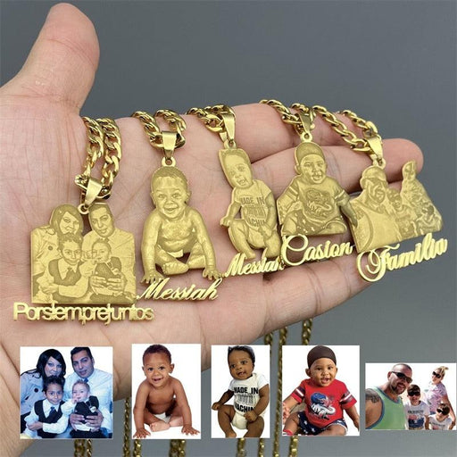 Golden Memories: Personalized Gold Photo Necklace with Custom Nameplate
