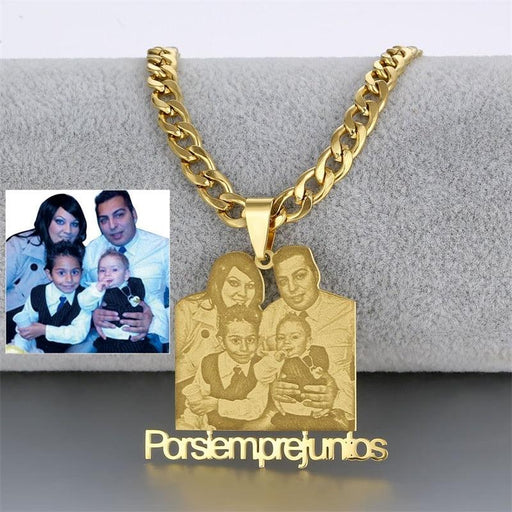 Golden Sentiments: Customized Gold Photo Necklace with Personalized Nameplate