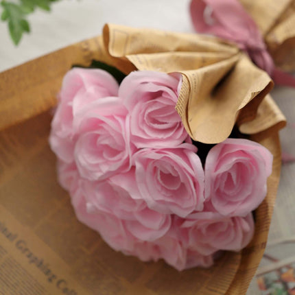 AliKopy 12" Pink Velvet-Like Artificial Rose Bouquet, Realistic Design