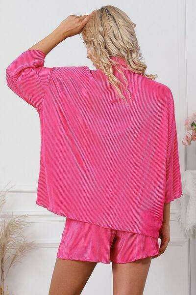 Chic Pleated Loungewear Ensemble with Button-Up Top and Matching Shorts