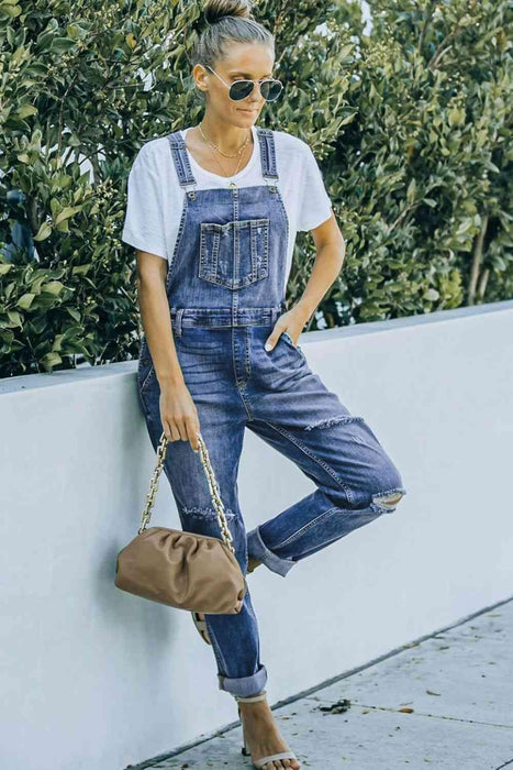 Pocketed Distressed Denim Overalls with Acid Wash Finish