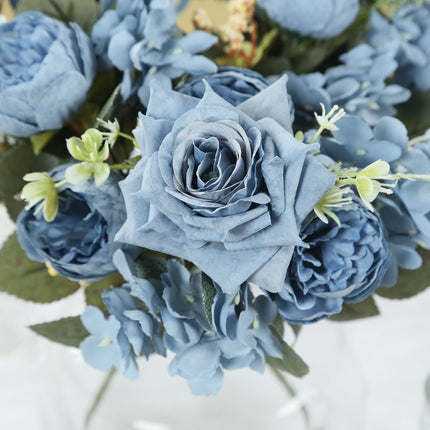 AliKopy 2 Pack Dusty Blue Silk Rose & Peony Bouquets - 12" Home Décor