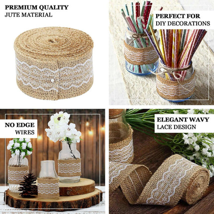 AliKopy 2" x 16FT Natural Jute Burlap Ribbon with Wavy Lace Edging