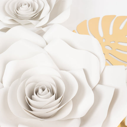 AliKopy 9-Piece White 3D Rose Paper Flowers Set with Gold Palm Leaves