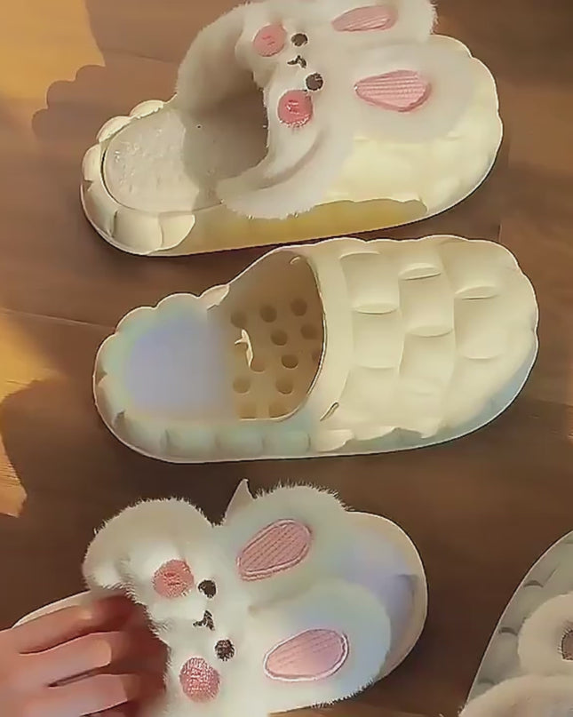 Cute Rabbit Shoes Winter Fuzzy Slippers Women Detachable Washable House Shoes
