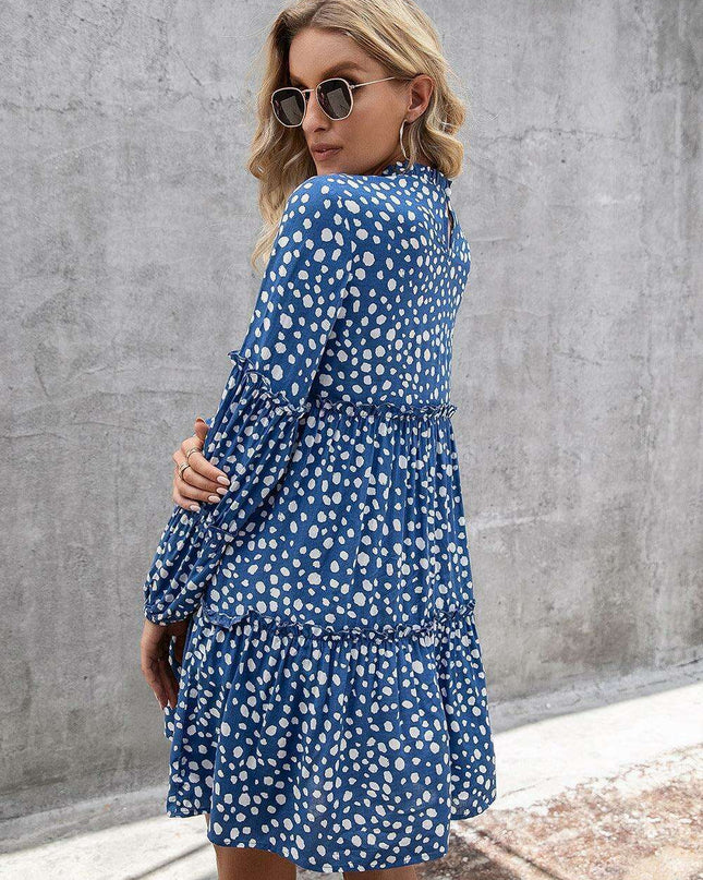 Printed Drop Shoulder Tiered Mini Dress with Long Sleeves - Casual Chic Collection