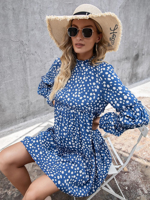 Printed Tiered Long Sleeve Mini Dress with Dropped Shoulder