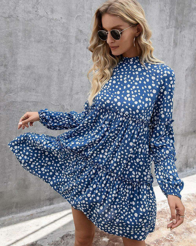 Printed Drop Shoulder Tiered Mini Dress with Long Sleeves - Casual Chic Collection