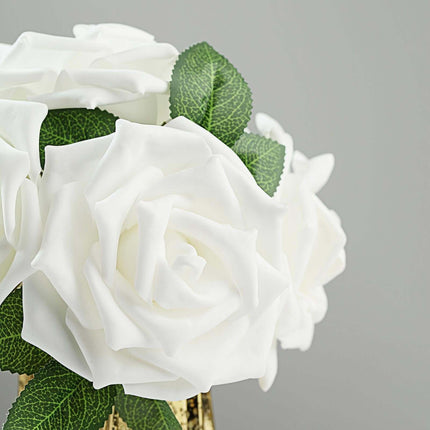 AliKopy 24 White Foam Roses - 5" Flowers with Stem Wire & Leaves