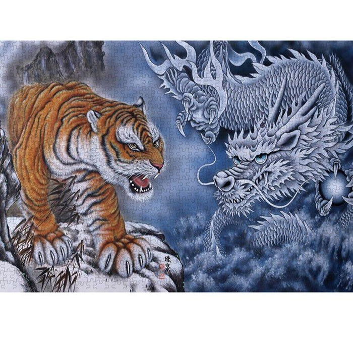 "Enigmatic Duo: Black Dragon and Mighty Tiger" 1000-Piece Jigsaw Puzzle Set