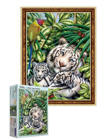 Majestic White Tiger Family 500-Piece Puzzle Set with Preservation Kit and Poster