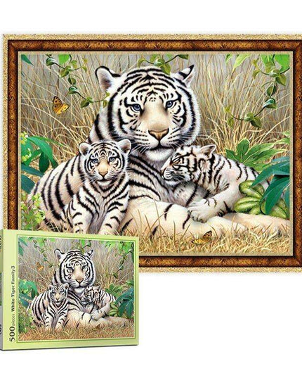Majestic White Tiger Family 500-Piece Jigsaw Puzzle - An Elegant Wildlife Experience