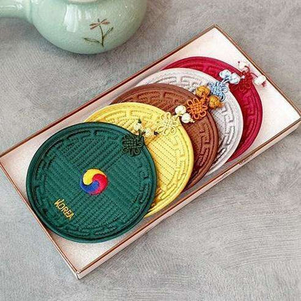 Korean Cultural Elegance: Embroidered Coaster Set with Luxury Gift Packaging