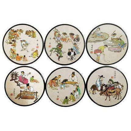 Korean Heritage Art Coasters - Set of 6 Featuring Classic Kim Hong-do Illustrations