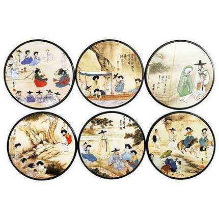 Elegant Korean Artistry: 6-Piece Shin Yun Bok Cork Coaster Set