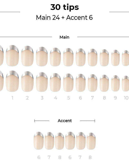 Chic Silver French Gel Nail Kit - 30 Nails with Prep Pad & Tools