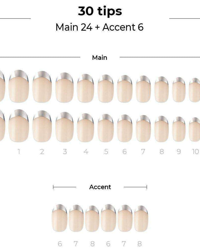 Chic Silver French Gel Nail Kit - 30 Nails with Prep Pad & Tools