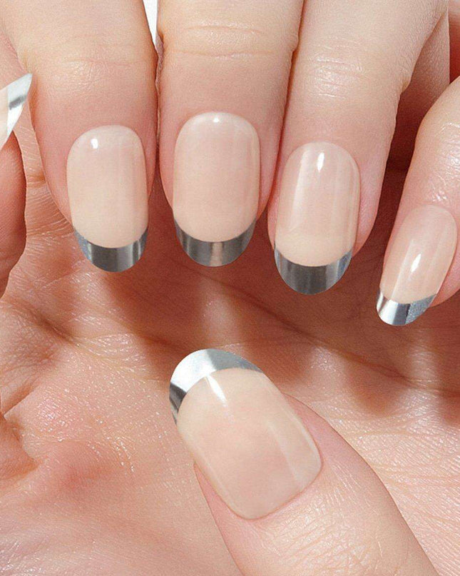 Chic Silver French Gel Nail Kit - 30 Nails with Prep Pad & Tools