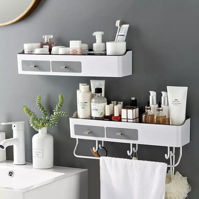 Punch-free Bathroom Organizer Rack with Towel Holder - Grey/Black, Plastic - 2 Sizes Available