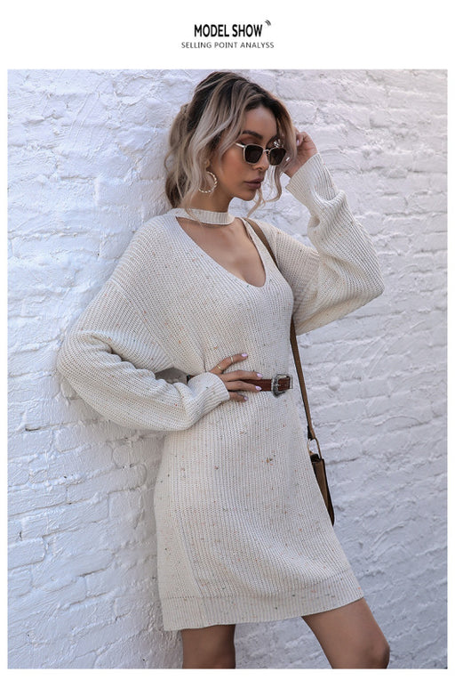 women's pullover low collar long sleeve knitted bottoming sweater dress