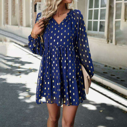 Elegant Long Sleeve Chiffon V-Neck Dress for Women - Fall Fashion