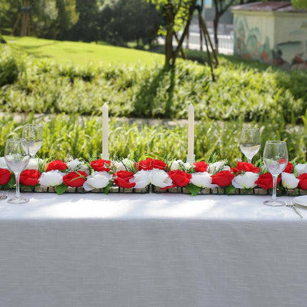 AliKopy 6 Pack Red Ivory Silk Rose Table Runner - 20"x8", Wedding Deco