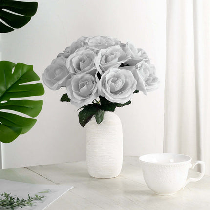 AliKopy 12" Silver Velvet-Like Fabric Rose Bouquet - Realistic & Durab