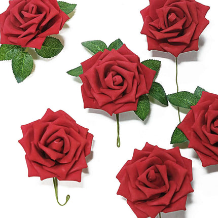AliKopy 24 Red Foam Roses - 5" with Stem Wire & Lush Green Leaves