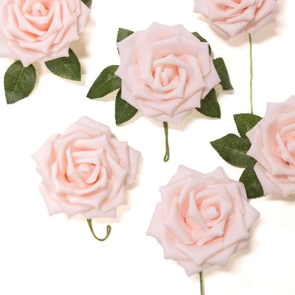 AliKopy 24 Blush Foam Roses - 5" with Stem Wire & Realistic Leaves