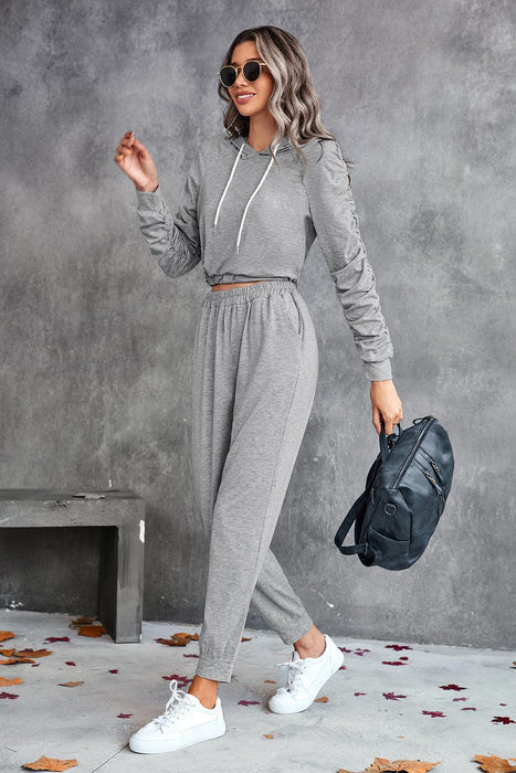 Cozy Ruched Hoodie and Joggers Set with Sporty Raglan Sleeves