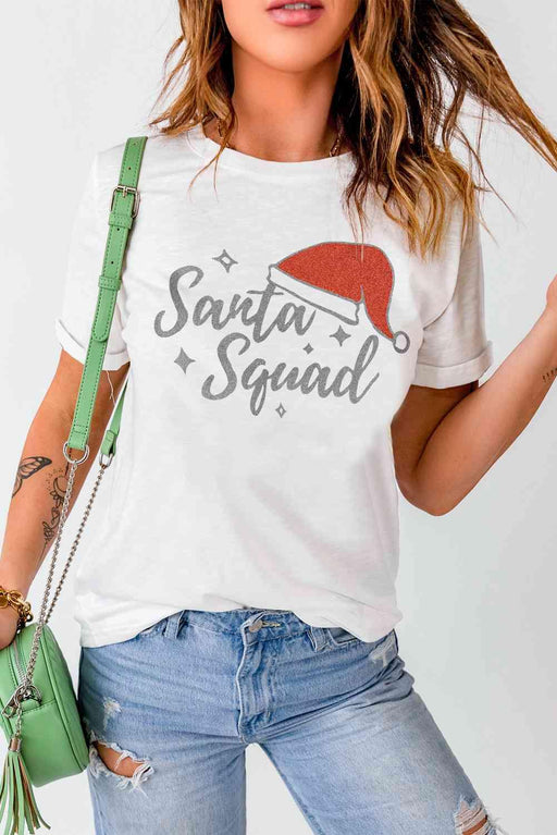 Festive Santa Squad Graphic T-Shirt with Short Sleeves