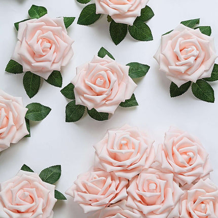 AliKopy 24 Blush Foam Roses - 5" with Stem Wire & Realistic Leaves