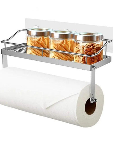 Sleek Stainless Steel Wall-Mounted Kitchen Organizer with Integrated Paper Towel Holder