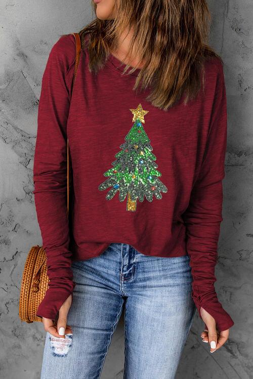 Sparkling Sequin Holiday Tree Long Sleeve Shirt