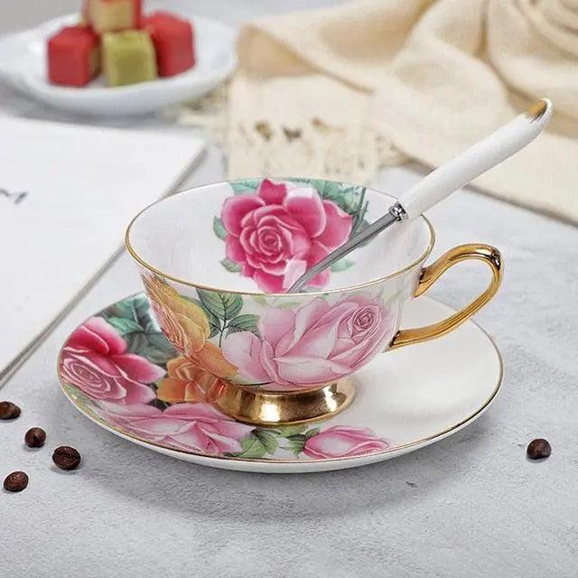 Exquisite Set of Fine Bone China Tea Cups and Saucers Adorned with Intricate Designs.