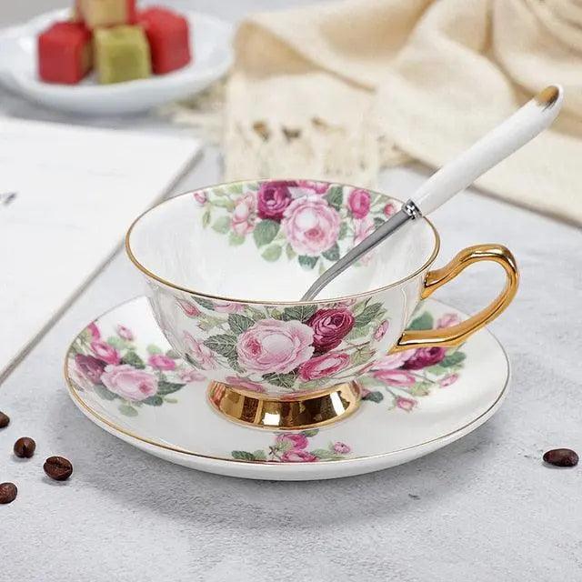 Elegant Bone China Tea Cup and Saucer Set with Exquisite Details for Tea or Coffee Enthusiasts.