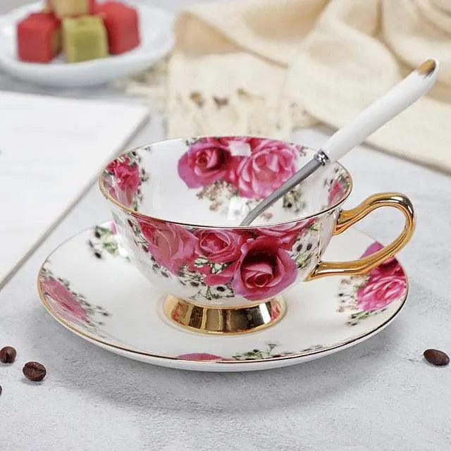 Exquisite Set of Fine Bone China Tea Cups and Saucers Adorned with Intricate Designs.
