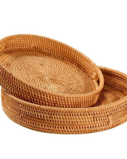 Elegant Handwoven Rattan Round Serving Trays - Set of 2 with High Sides