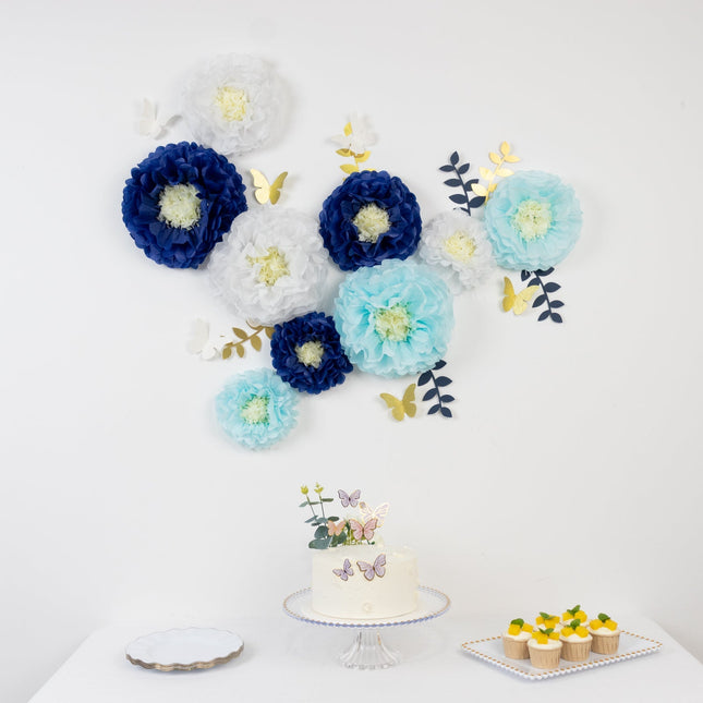 AliKopy 21-Piece Tissue Paper Flower Decor Kit - White & Blue, 3D Desi