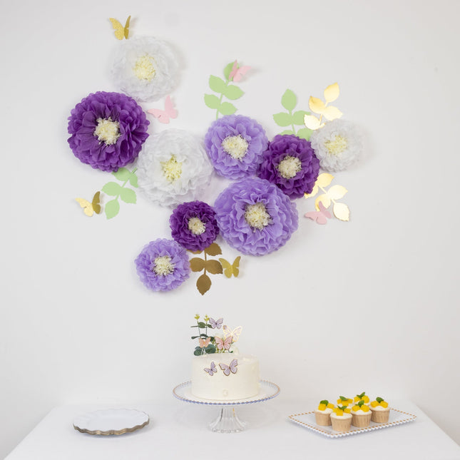 AliKopy 21-Piece Tissue Paper Flower Decor Kit - White & Purple, 3D De